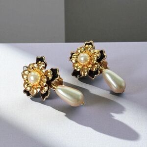 Elegant Gold and Black Enamel Floral Pearl Drop Clip Earrings
